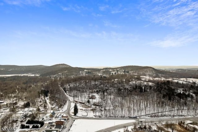 snowy aerial view featuring a mountain view