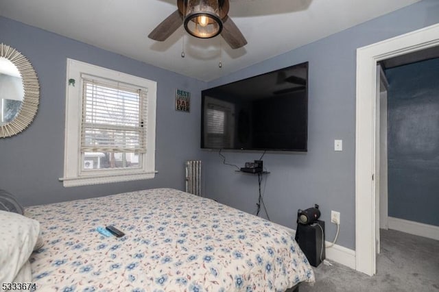 bedroom with light colored carpet and ceiling fan