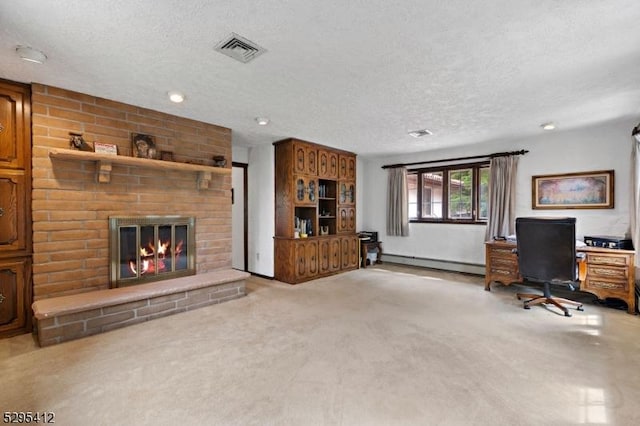 unfurnished living room featuring light carpet, a fireplace, a textured ceiling, and baseboard heating