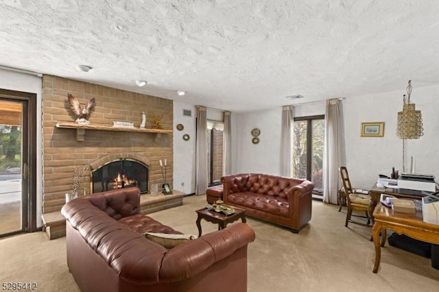 carpeted living room with a brick fireplace and a healthy amount of sunlight