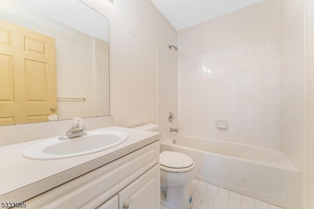 full bathroom featuring shower / bathtub combination, toilet, vanity, and tile patterned flooring