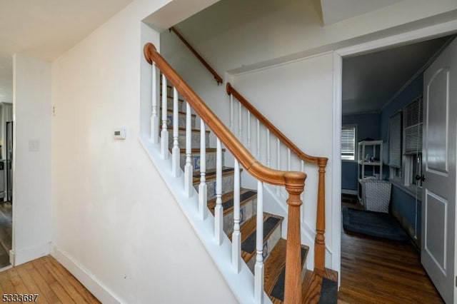 stairway featuring hardwood / wood-style floors