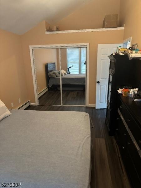 bedroom featuring lofted ceiling, a closet, dark hardwood / wood-style floors, and a baseboard radiator