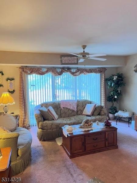 living room featuring ceiling fan and carpet