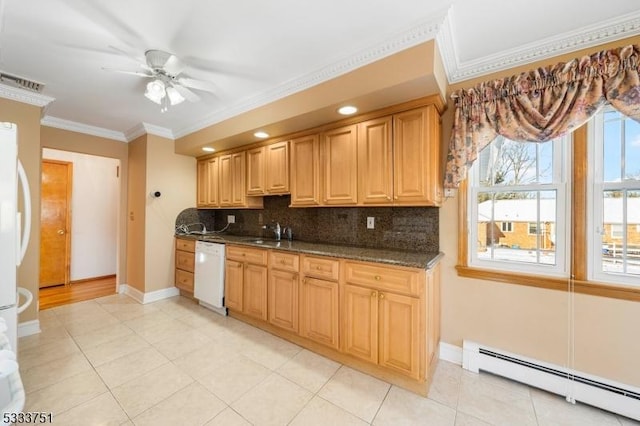 kitchen with ornamental molding, a baseboard heating unit, dishwasher, dark stone counters, and backsplash