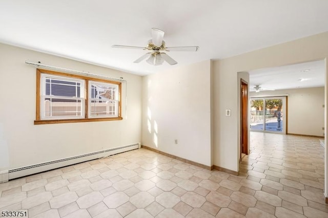 spare room with a baseboard heating unit and ceiling fan