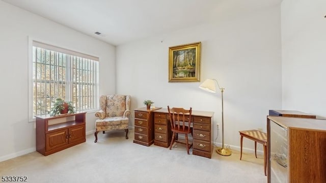 sitting room featuring light carpet