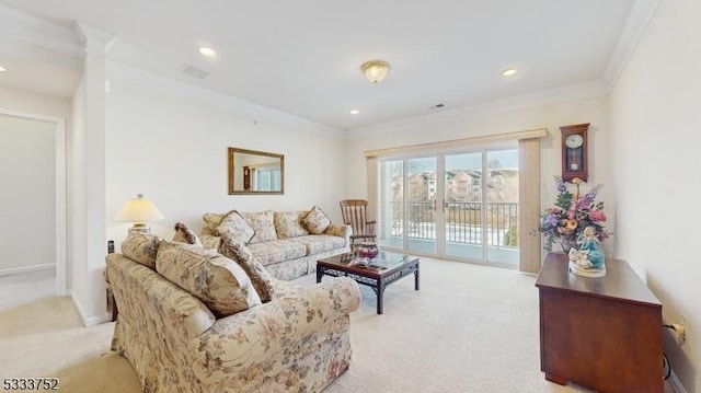 living room featuring crown molding and light carpet