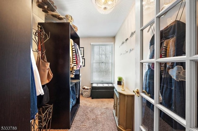 spacious closet with light colored carpet and an inviting chandelier