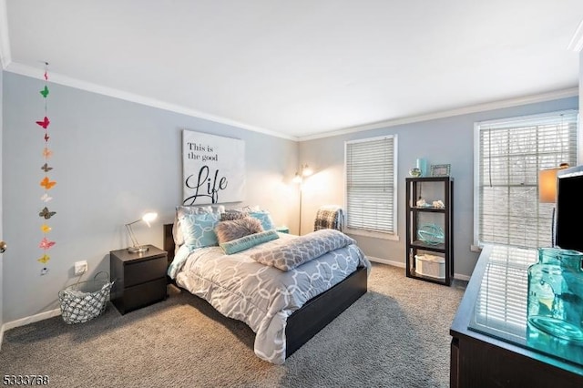 bedroom with crown molding and carpet flooring