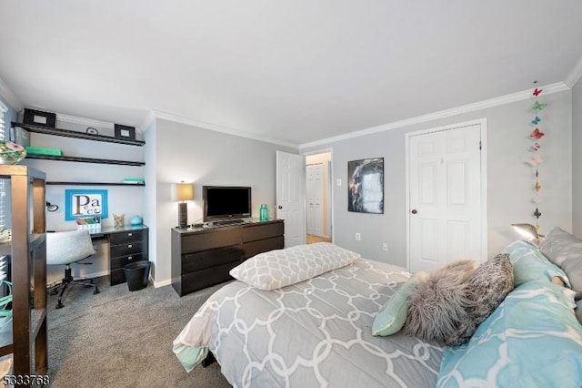 bedroom with light carpet and ornamental molding