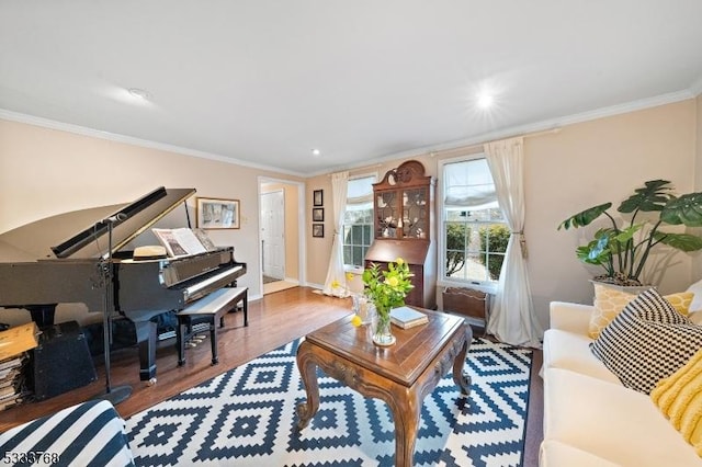 living room featuring crown molding and hardwood / wood-style flooring