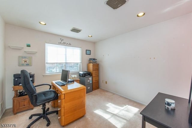 home office featuring light colored carpet