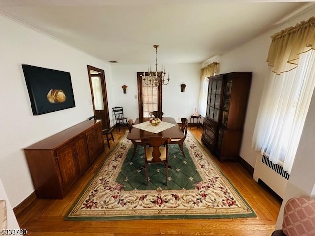 dining room featuring an inviting chandelier, a healthy amount of sunlight, radiator heating unit, and wood-type flooring