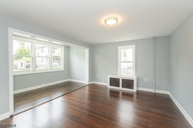 unfurnished room with dark wood-type flooring