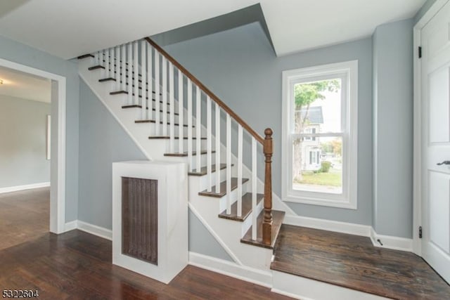 stairway with hardwood / wood-style flooring