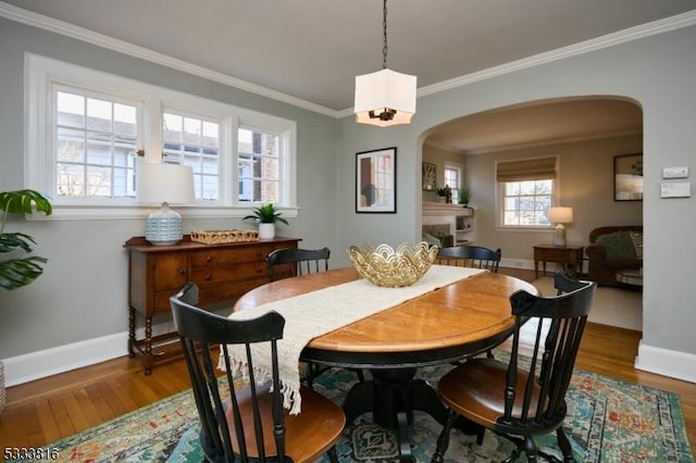 dining area featuring ornamental molding and hardwood / wood-style floors