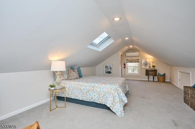 carpeted bedroom featuring vaulted ceiling