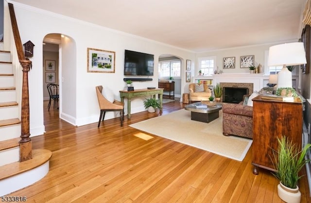 living room featuring ornamental molding and wood-type flooring