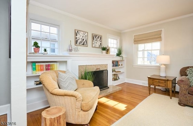 living area featuring wood-type flooring and ornamental molding