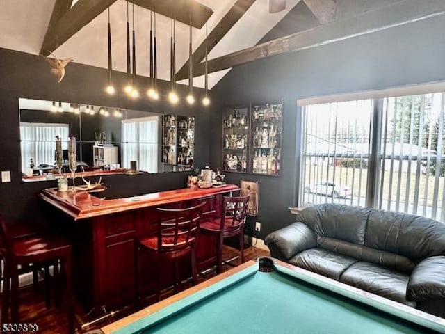 bar featuring vaulted ceiling with beams