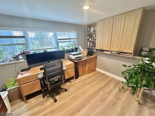 office featuring built in shelves and light wood-type flooring