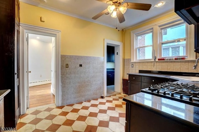 kitchen featuring a baseboard radiator, sink, tile walls, ornamental molding, and ceiling fan