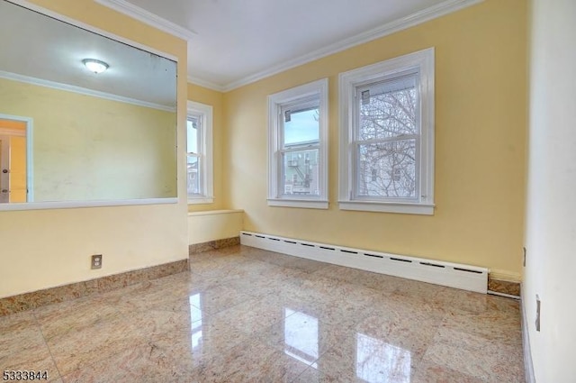 unfurnished room featuring a baseboard radiator and ornamental molding