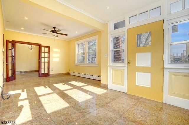 interior space featuring crown molding, ceiling fan, plenty of natural light, a baseboard radiator, and french doors