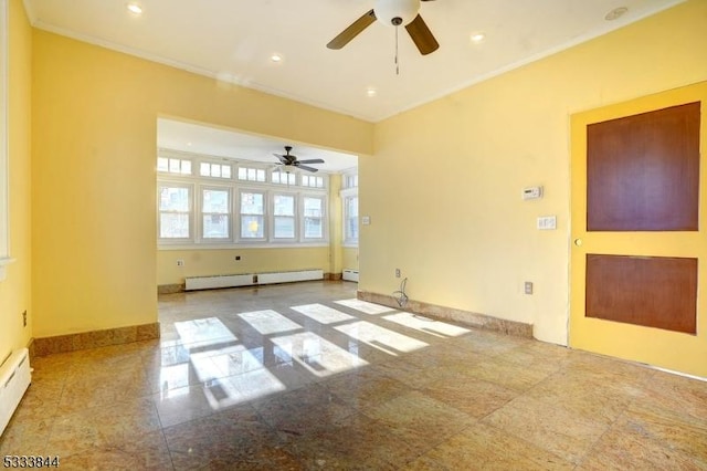 spare room featuring a baseboard radiator, ornamental molding, and ceiling fan