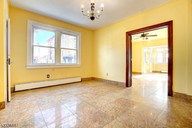 spare room with crown molding, a baseboard radiator, and a notable chandelier