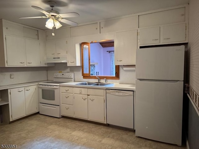 kitchen with ceiling fan, white appliances, sink, and white cabinets