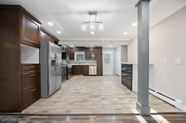 kitchen featuring dark brown cabinetry, tasteful backsplash, decorative light fixtures, baseboard heating, and stainless steel appliances