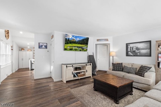 living room with dark wood-type flooring