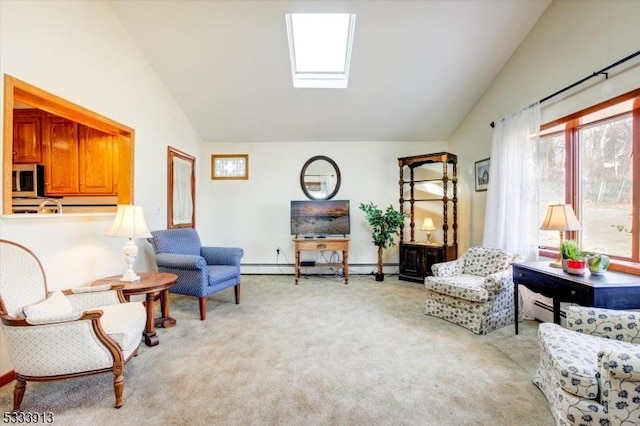 living area featuring light colored carpet, a baseboard radiator, and vaulted ceiling with skylight