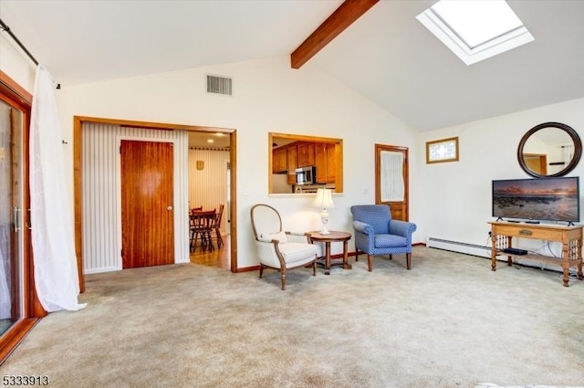 sitting room featuring light carpet, a baseboard radiator, and lofted ceiling with skylight