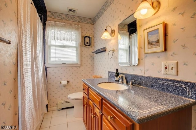 bathroom featuring a baseboard radiator, tile patterned floors, vanity, a shower with curtain, and toilet