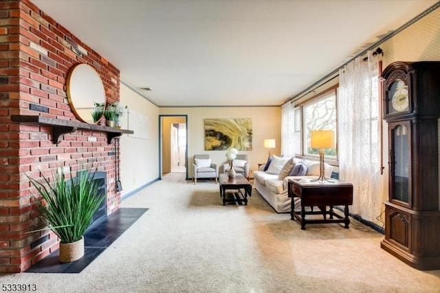 living room featuring carpet, a brick fireplace, and crown molding