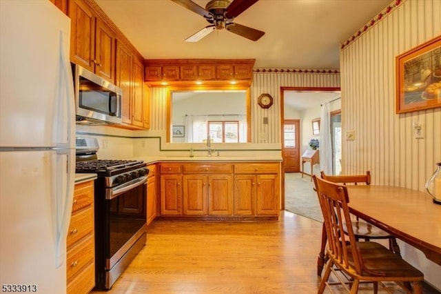 kitchen with kitchen peninsula, light hardwood / wood-style flooring, ceiling fan, sink, and stainless steel appliances