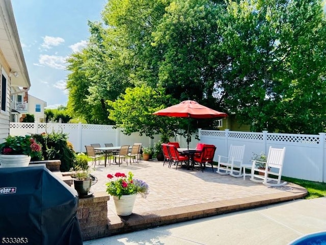 view of patio with outdoor dining area, area for grilling, and a fenced backyard