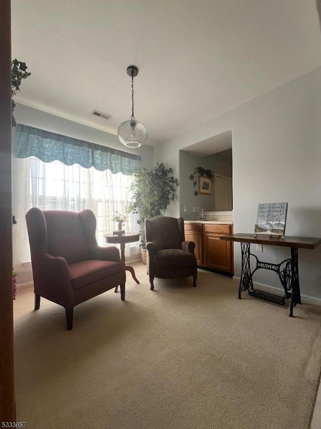 living area featuring light colored carpet