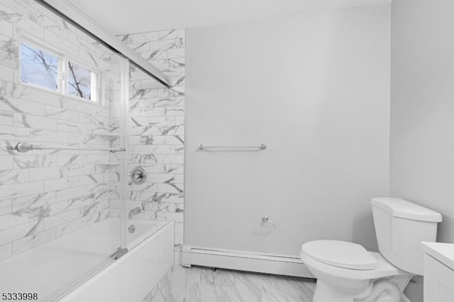 full bathroom with a baseboard radiator, vanity, toilet, and enclosed tub / shower combo