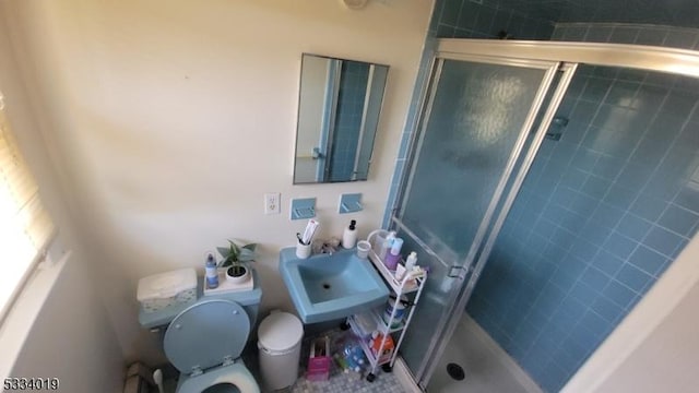 bathroom featuring sink, a shower with door, and toilet