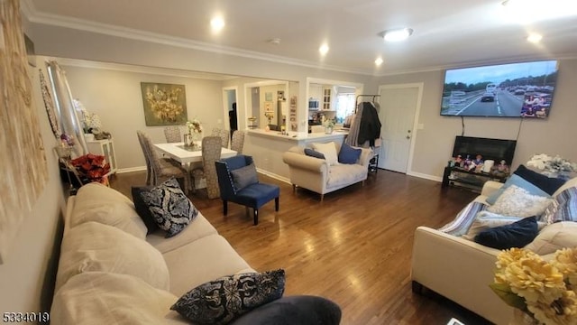 living room featuring crown molding and dark wood-type flooring