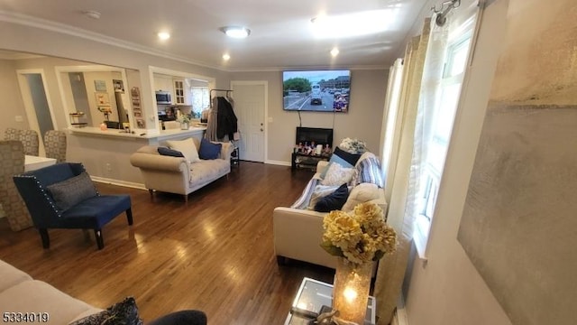 living room featuring ornamental molding and dark wood-type flooring