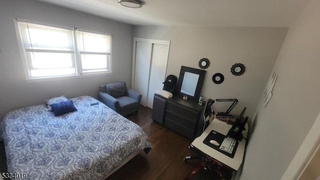 bedroom with dark hardwood / wood-style floors and a closet