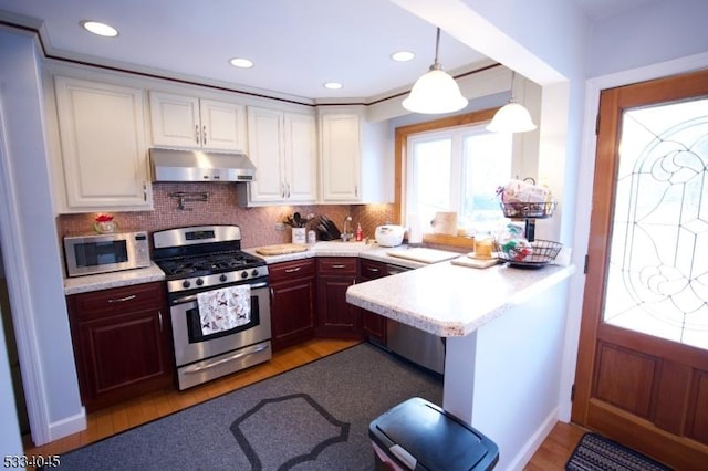 kitchen with stainless steel appliances, wood-type flooring, pendant lighting, and white cabinetry