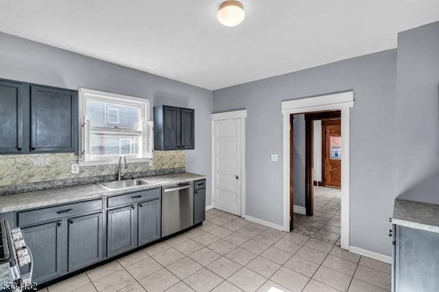 kitchen featuring appliances with stainless steel finishes, sink, light tile patterned floors, and backsplash