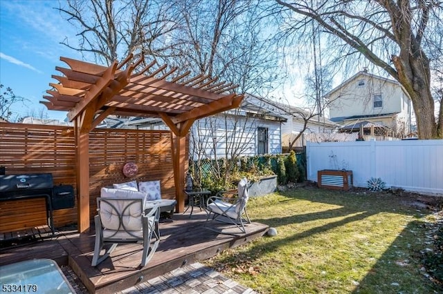 view of yard with fence, a deck, and a pergola