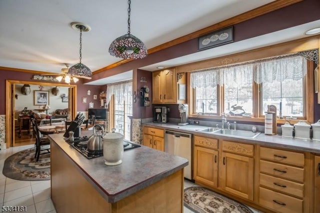 kitchen with sink, decorative light fixtures, light tile patterned floors, stainless steel dishwasher, and a kitchen island